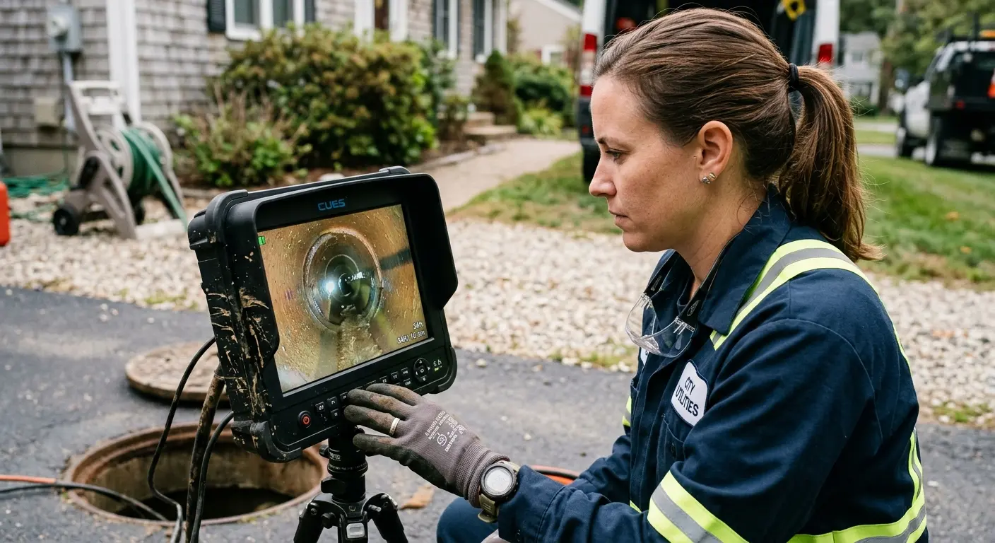Technician reviewing sewer camera inspection footage in Nogales