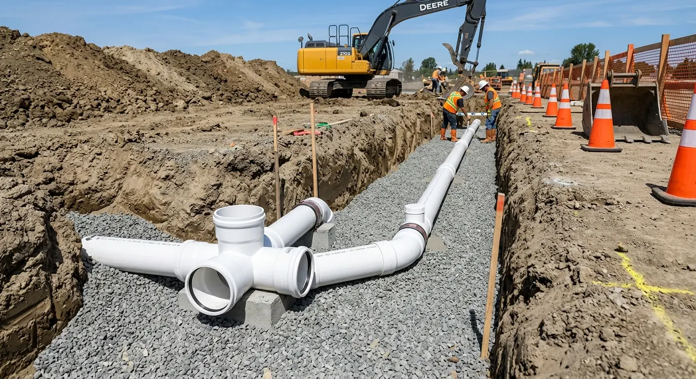 New PVC sewer pipe installation in open trench for Commercial Drain Cleaning in Nogales