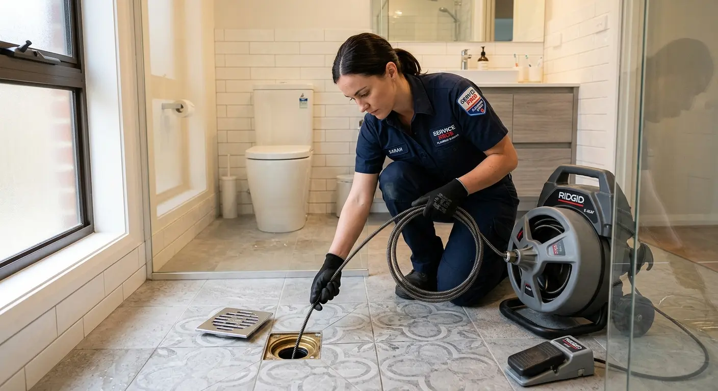 Technician clearing a bathroom floor drain for Clogged Drain Repair in Nogales